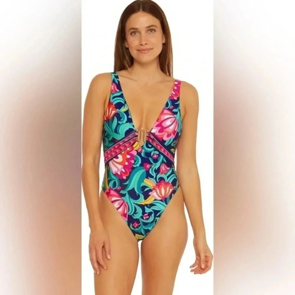 Trina Turk One Piece SwimSuit Women's Standard India Garden Plunge Neck NWT - Picture 4 of 13
